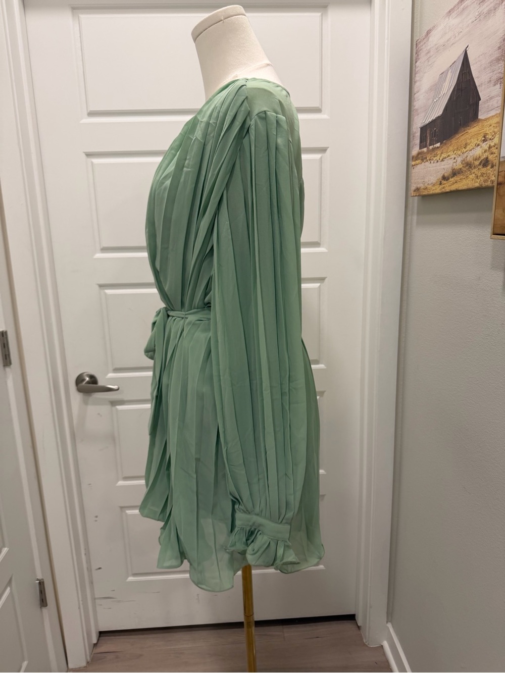 Endless Rose Sage Green Pleated V-Neck Tie-Waist Romper - Picture 3 of 9